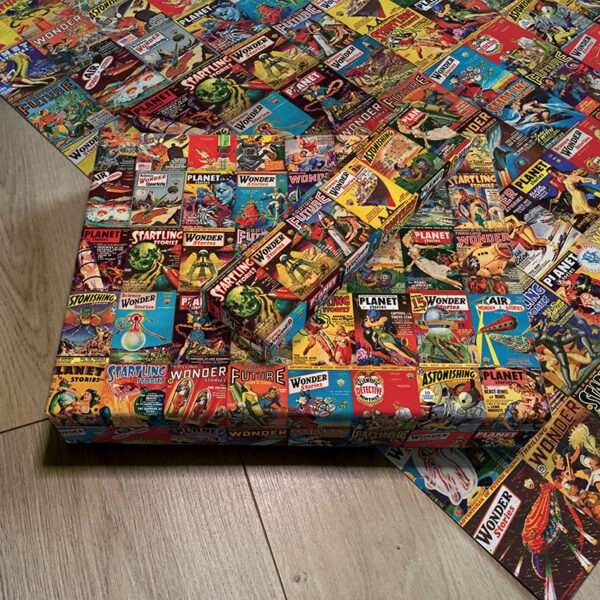 Image of Vintage Superheroes gift wrap, featuring Golden Age comic book covers