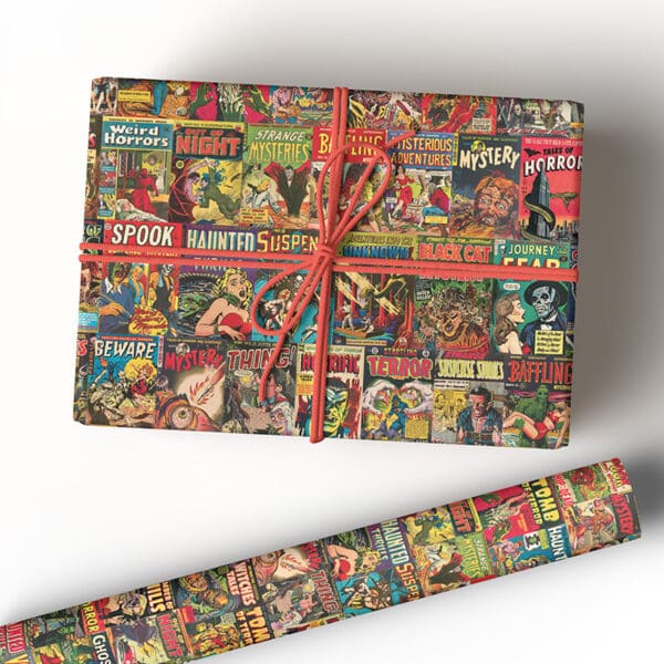Image of Vintage Horror Comics gift wrap, featuring pre-code horror comic book covers