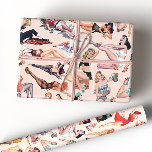 Image of Vintage Pinups gift wrap, featuring mid-century pinup art