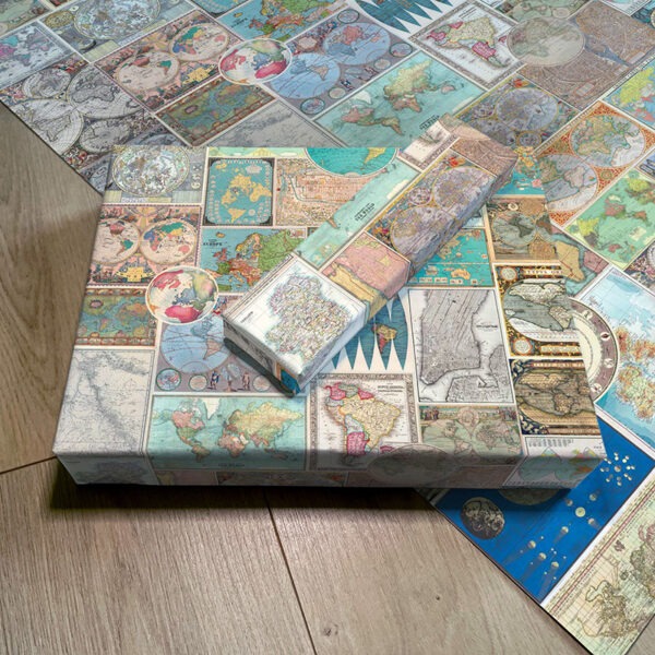 Image of Vintage Maps gift wrap, featuring antique map art