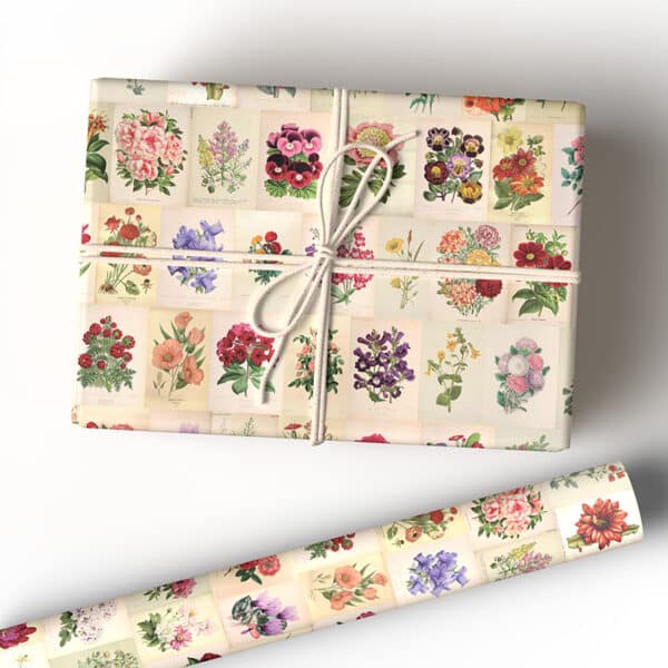 Vintage Botanicals gift wrap sheet on box and roll
