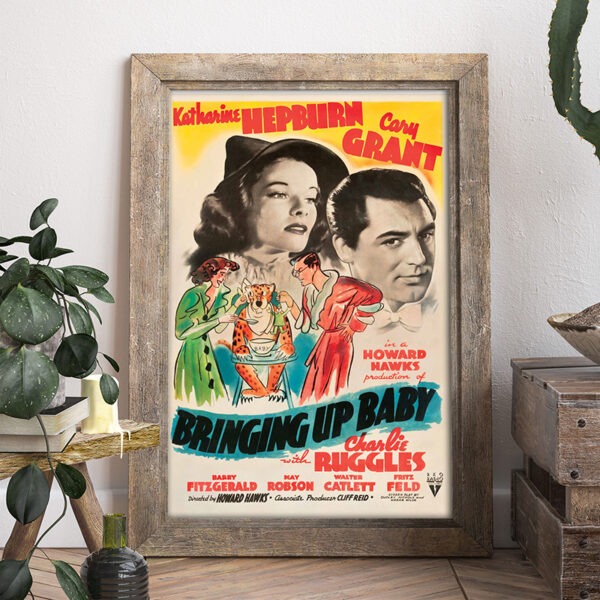 Image of Bringing Up Baby reproduction vintage movie poster in a frame