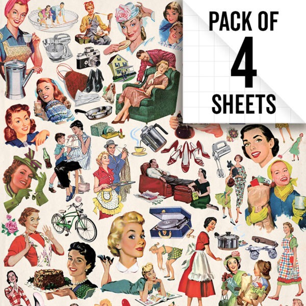 Image of retro mid-century housewives gift wrap, pack of 4 sheets