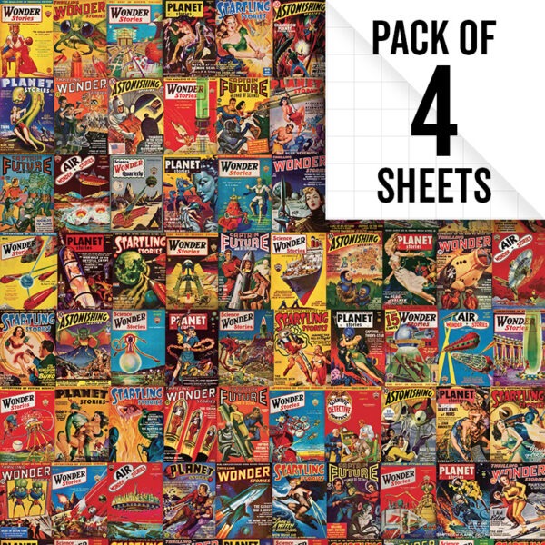 Image of Vintage Sci-Fi magazine covers gift wrap, pack of 4 sheets