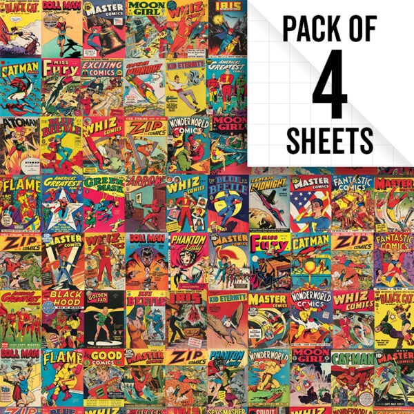 Image of Vintage superheroes comic book gift wrap, pack of 4 sheets