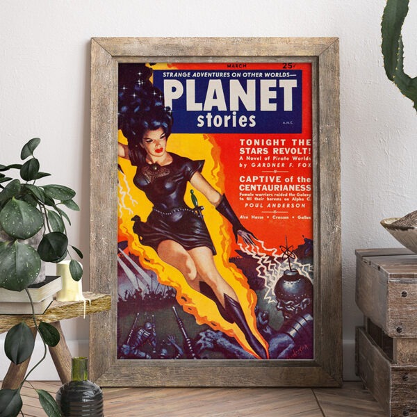 Image of poster sized reproduction of Planet Stories pulp sci-fi cover in a frame