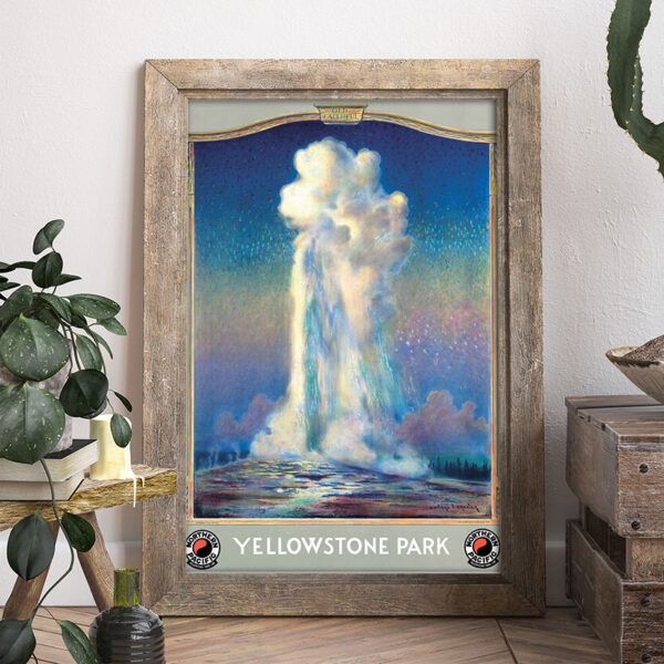 Image of Yellowstone National Park Old Faithful reproduction vintage poster in a frame