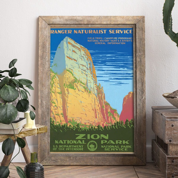 Image of Zion National Park reproduction vintage WPA poster in a frame