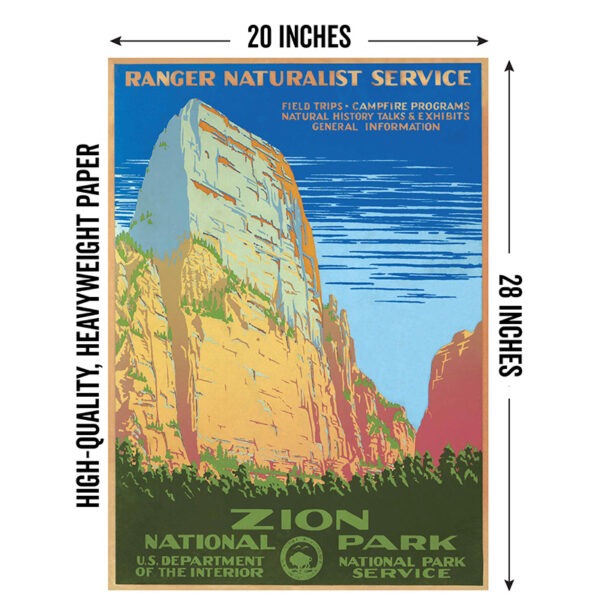 Image of Zion National Park reproduction vintage WPA poster showing 20"x28" size